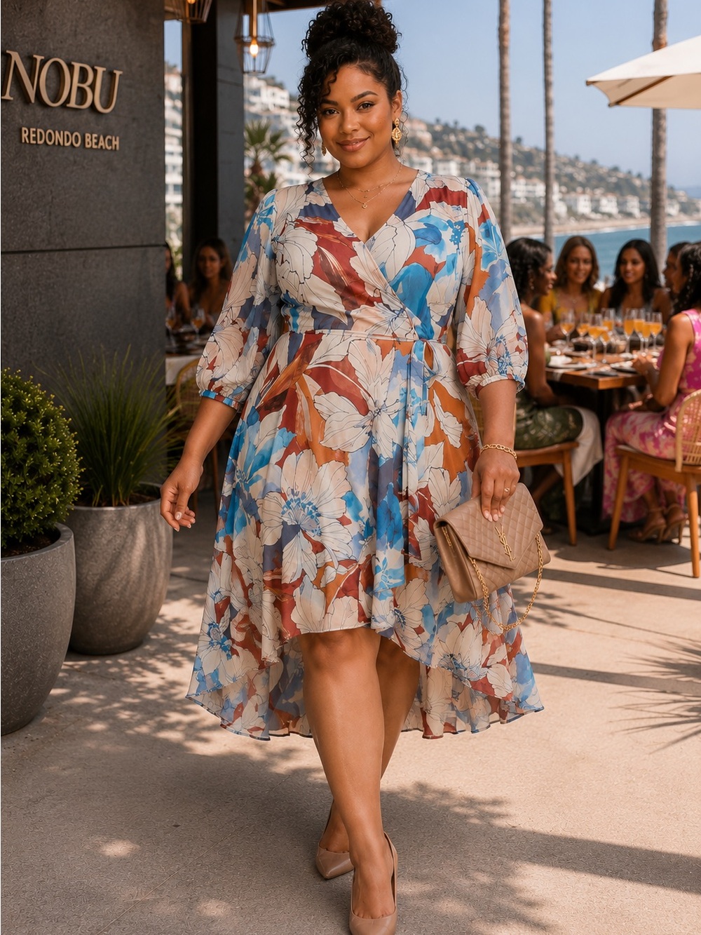 Calvin Klein Floral Chiffon Midi Dress Size 16 Blue Rust Wrap V-Neck NWT